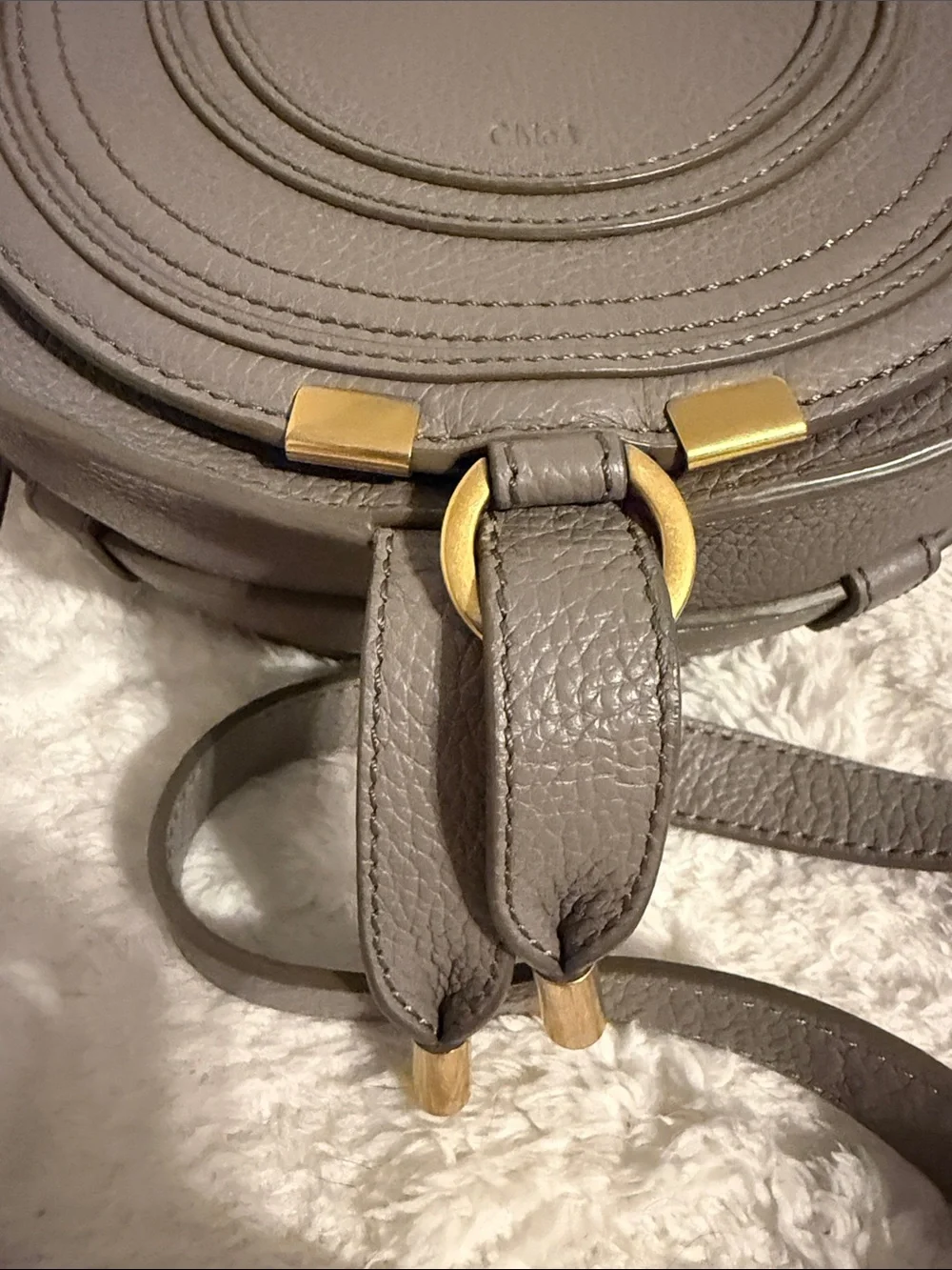 Chloe Gray Leather Crossbody Saddle Bag with Gold Accents